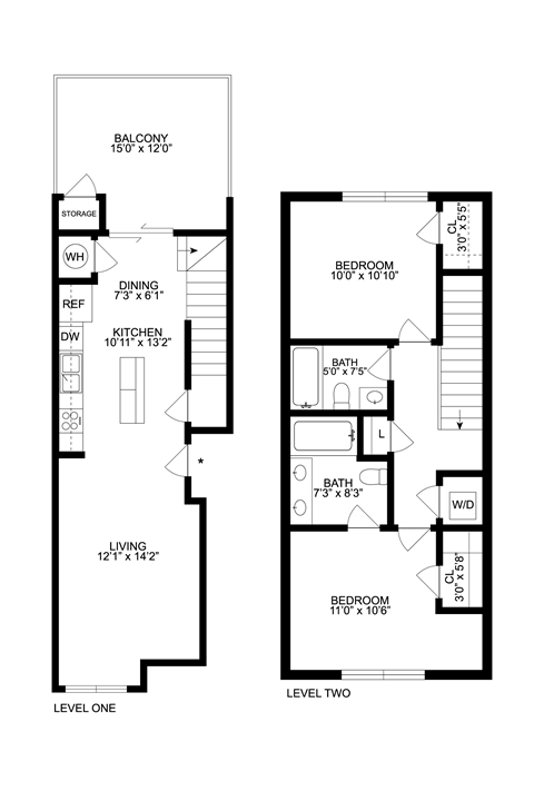 Floor plan for 2 beds, 2 baths, 901 sqft